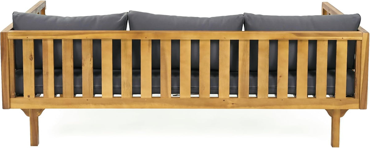 Christopher Knight Home Claremont Outdoor 3 Seater Acacia Wood Daybed with Fabric Water Resistant and Removable Cushions, Patio Garden Sofa with Slat Paneling Armrest and Back, Teak and Dark Grey