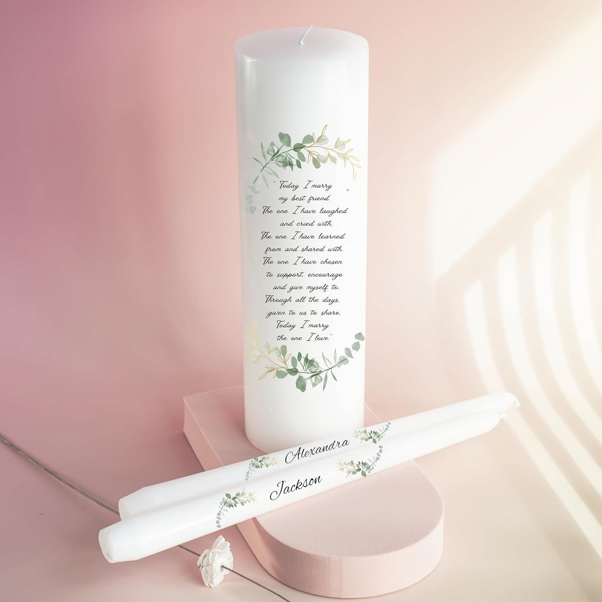Unity Candles for Wedding, Modern Unity Set, Custom and Personalized Taper Candles with Bible Quote, Unscented White Premium Wax, Religious and Wedding Ceremony, Special Events (Custom Names)
