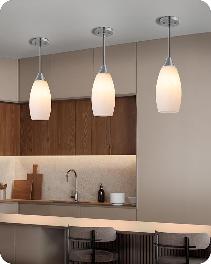 EDISHINE Pendant Light Fixture, Handcrafted Art Glass Hanging Light, Hardwired Ceiling Light, White Marble Glass Shade, Adjustable Brushed Nickel Rods, E26 Base, Pendant Lamp for Kitchen Bathroom Bar