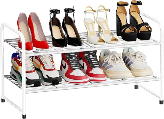2-Tier 27” Wide Shoe Rack for Closet, Metal Stackable Shoe Shelf Organizer, White