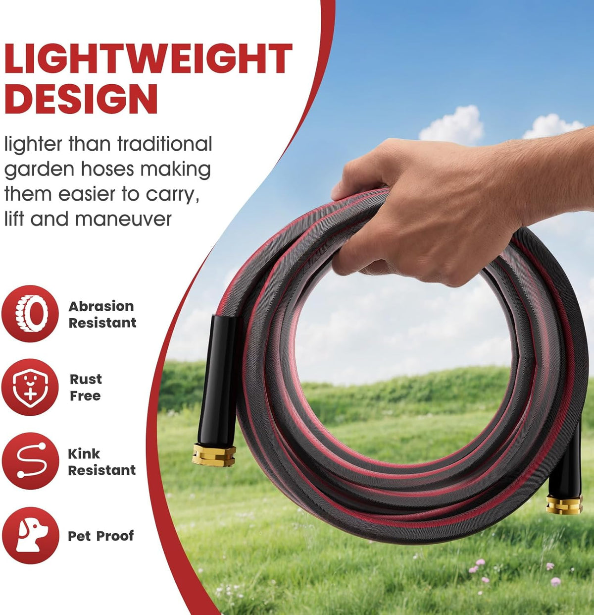 50ft Non-Expanding Garden Hose with 8-Layer Latex Core, Lightweight & Kink-Free, Flexible Heavy Duty Water Hose for Lawn, Yard, Car Washing (3/4" Solid Brass Fittings, Crush-Resistant)