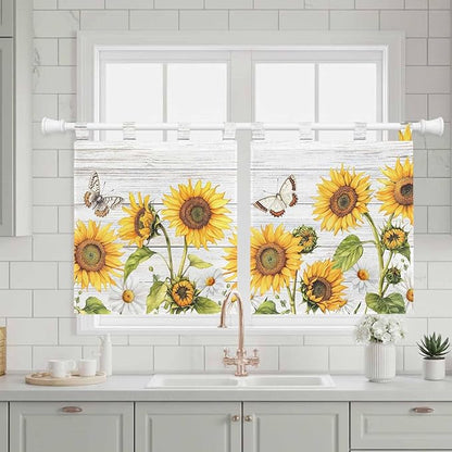 Yellow Sunflowers Kitchen Curtains 36 Inch Length, Small Window Curtains Tab Top, Vintage Country Flowers Butterfly Wood Board Light Filtering Short Window Treatments Tier Drapes 27.5"x36" 2 Panel