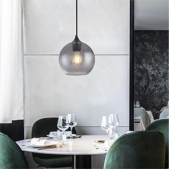 Gray Glass Pendant Lights Kitchen Island Lighting Globe Pendant Light Fixtures Modern Pendant Lighting for Kitchen Island Bedroom Living Dining Room Light Fixture-11.8in