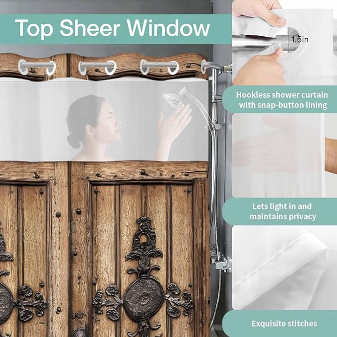 Wood Barn Door No Hook Shower Curtain with Snap in Liner Set, Waterproof Shower Curtains for Bathroom, Wooden Plank Fabric Shower Curtain, See Through Mesh Top Window, 48" W x 72" L