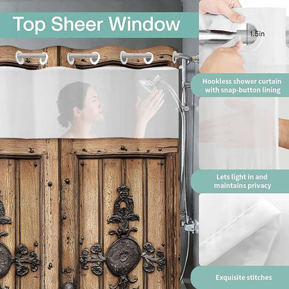 Wood Barn Door No Hook Shower Curtain with Snap in Liner Set, Waterproof Shower Curtains for Bathroom, Wooden Plank Fabric Shower Curtain, See Through Mesh Top Window, 48" W x 72" L