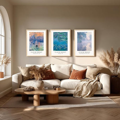Cyebmo Vintage Botanical Wall Art Set of 3, Claude Monet Water Lilies Art Prints, Impression Sunrise Water Lilies Seine River Poster Prints for Living Room Bedroom Bathroom Wood Framed 16"x24"x3