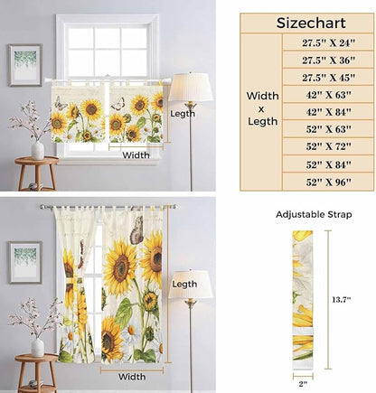 Farm Sunflowers Kitchen Curtains 36 Inch Length, Small Window Curtains Tab Top, Retro Flowers Butterfly Botanical Beige Light Filtering Short Window Treatments Tier Drapes 27.5"x36" 2 Panel