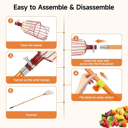 SANLIKE Fruit Picker Tool 8FT Telescoping Fruit Picker Pole, Easy to Assemble Twist-On Apple Basket, Lightweight Aluminum Fruit Picking Equipment for Getting Fruits Apple Orange Pear Mangoes