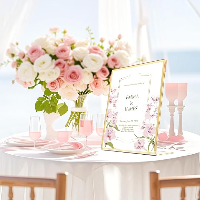 Acrylic Gold Frames 5 x7, Slanted Back Gold Picture Frames Table Acrylic Sign Holder for Photos Wedding Table Numbers and Art Display with Removable Clear Sticky Dots,3 Pack