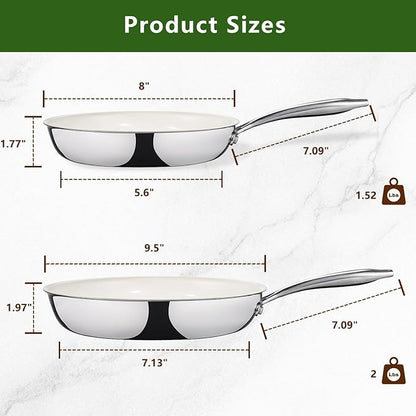 8 Inch Nonstick Ceramic Frying Pan, Tri-Ply Stainless Steel Skillet with Stay-Cool Handle, PFAS/PFOA/PTFE Free, No Seasoning Required, High Heat & Induction Safe, Dishwasher/Oven Safe
