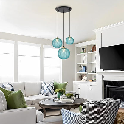 KCO Lighting Modern 3-Light Blue Striped Glass Pendant Light Fixture Nordic Glass Ball Cluster Chandelier Vintage Large Globe Pendant Lighting Mid-Century Black Island Light for Kitchen