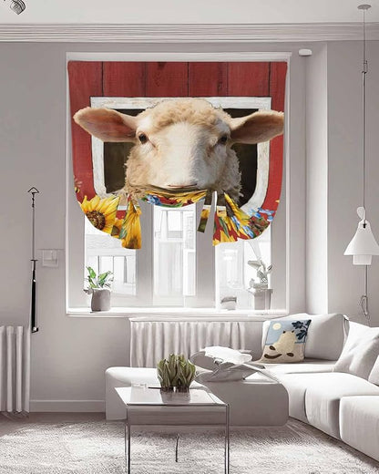 Tie Up Curtains for Windows, Sheep Sunflower Adjustable Balloon Nature Linen Textured Kitchen Curtain, Country Red Farm Barn Spring Flowers Privacy Curtains Balloon Blind for Cafe, 42 x 63 Inches