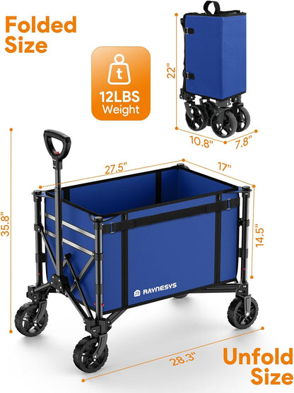 Collapsible Wagon Cart with Wheels 220lbs Foldable Wagon 120L Shopping Cart for Groceries Folding Utility Wagon for Beach, Garden, Camping, Sport, Wheelbarrows, Indigo