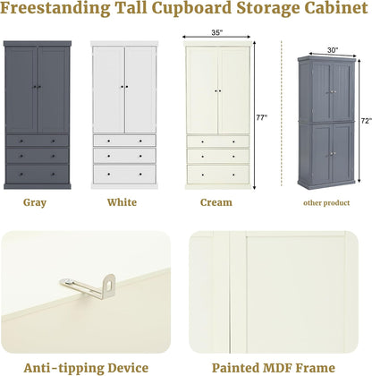 Farmhouse Kitchen Pantry,Extra Large Kitchen Pantry Cabinet, Freestanding Tall Cupboard Storage Cabinet with 3 Adjustable Shelves, 8 Door Shelves, 3 Drawers for Dining Room (Cream)