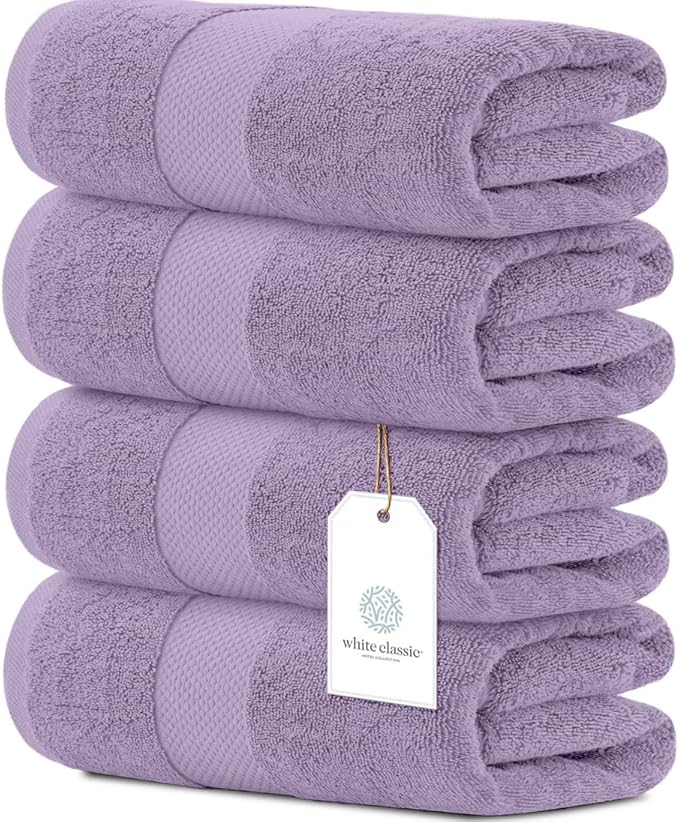 White Classic Luxury Bath Towels Set of 4 Large - 700 GSM Cotton Ultra Soft Bath Towels 27x54 | Highly Absorbent and Quick Dry | Hotel Towels for Bathroom Luxury, Plush Shower Towels, Lavender