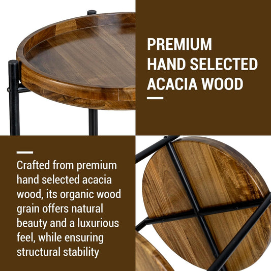MyGift 2 Tier Round End Table with Premium Acacia Solid Wood Shelf and Black Metal Frame, 22 Inch Tall Side Table Modern Home Living Room or Bedroom Furniture