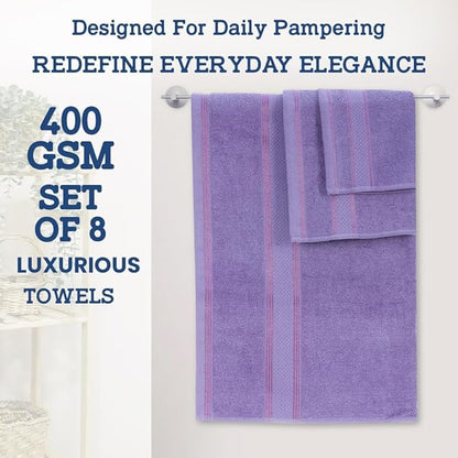 Casa Lino Bath Towel Set of 8 (2 Bath Towels, 4 Wash Cloths & 2 Hand Towels for Bathroom) - 100% Cotton - Highly Absorbent & Quick Dry - Guest Room Essentials for Bathroom Set - (Purple)
