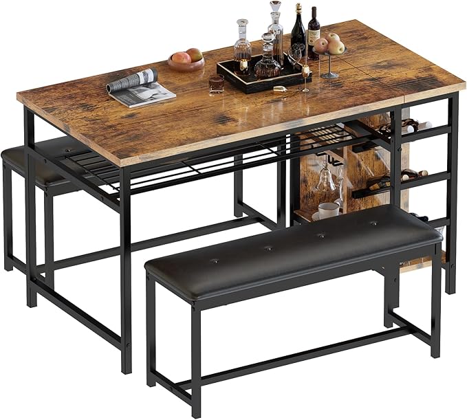 AWQM Space Saving Dining Table Set for 2-4 People, 53" Kitchen Table with 2 Upholstered Bench, Dinner Table with Wine Rack Glass Holder and Storage Shelf, 3-Piece Dinette Table for Small Apartment
