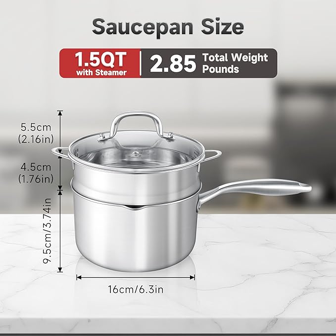 1.5 Quart Stainless Steel Saucepan with Steamer Basket, Tri-ply Full Body, Multipurpose Sauce Pot with Two-Size Drainage Holes Lid, Perfect For Boiling Gravies, Pasta, Noodles