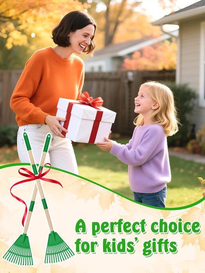 Acostop 2 Pcs Kids Rakes with Wood Handle - 34" Lightweight Plastic Garden Rake for Leaves, Safe to Use Kid Yard Tools for Boys Girls Fall Gardening Gifts (Green)
