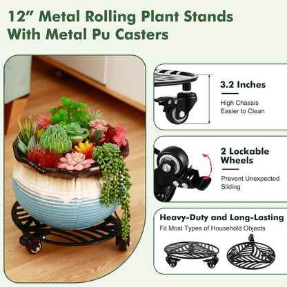 3 Packs Metal Plant Caddy with 3 Metal PU Wheels 12” Heavy-duty Wrought Iron Rolling Plant Stands with Casters Indoor and Outdoor Plant Pot Roller Base Plant Dolly Coaster Movers Black