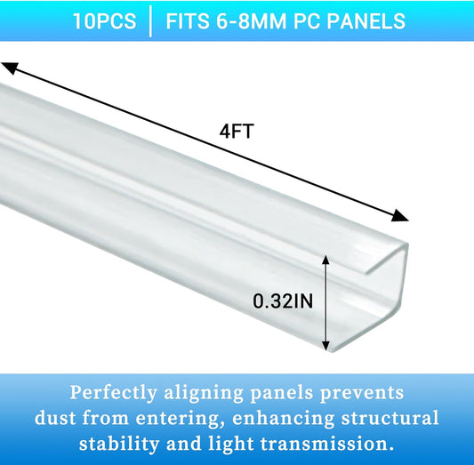 10 PCS Polycarbonate Greenhouse U Connector Profile 4ft Length Fits 0.24’’ & 0.32’’ Twin-Wall Polycarbonate Panels Duty Dust Rain & Moisture Protection Durabler (U-Clip 4' × 0.71’’ × 0.32’’)