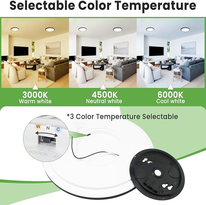zemty LED Ceiling Light 9 Inch,24W 2400lm Bright Flush Mount Light Fixture 3000K/4500K/6000K Adjustable, Black Thin Flat Ceiling Lamp for Bathroom Closet Pantry Hallway - 6Pack