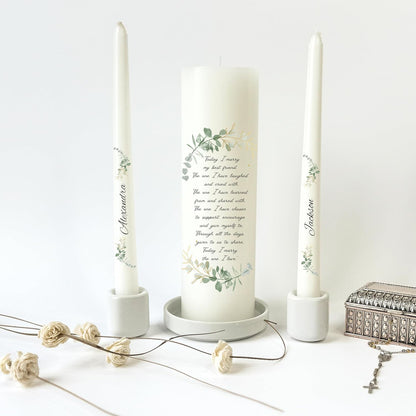 Unity Candles for Wedding, Modern Unity Set, Custom and Personalized Taper Candles with Bible Quote, Unscented White Premium Wax, Religious and Wedding Ceremony, Special Events (Custom Names)