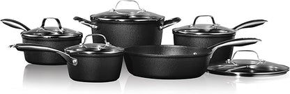 Starfrit The Rock Diamond 10PC Non-Stick Set - Durable Forged Aluminum - Oven Safe - PFOA Free - Easy to Clean - Black