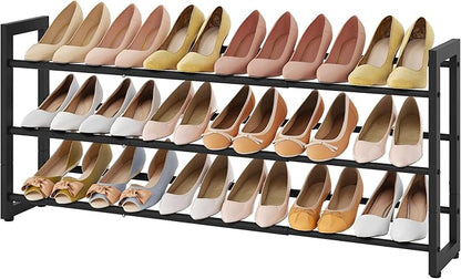 FAVOOSTY 3-Tier Expandable Shoe Rack, Adjustable Shoe Shelf Storage Organizer Space Saving Metal Free Standing Shoe Rack for Entryway Closet Doorway, Black