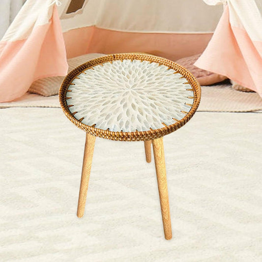 Shell Inlay Side Table, End Table, Home Decoration, Tea Table, Bedside Table for Bedroom, Garden, White Leaves 40cm