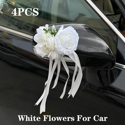 White Rose & Peony Wedding Car Door Handle Decor – 12 cm Artificial Flowers with Faux Greenery, Satin Ribbon Bow & Suction Cup – Versatile Bridal Vehicle & Mirror Ornament (Set of 4)