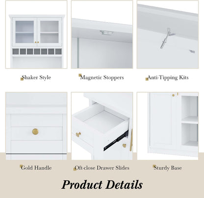 35” Wide Kitchen Hutch with Countertop, Farmhouse Pantry Cabinet with Microwave Shelf | Glass Doors | Wine Rack | Bottle Trays | Drawer, Wooden Structure (White)