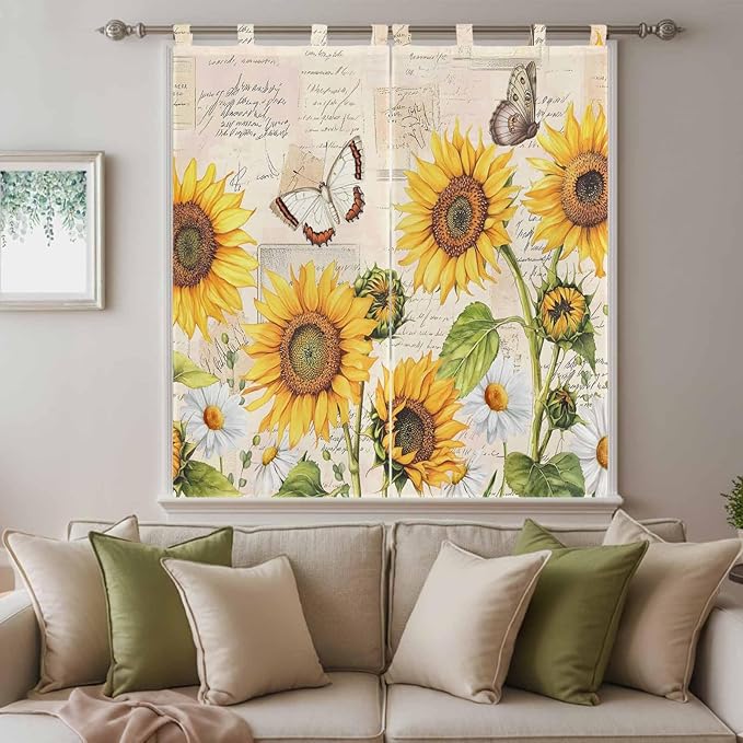 Yellow Sunflowers Bathroom Curtains 63 Inch Length, Window Curtains Tab Top, Country Farm Butterfly Flower Light Beige Light Filtering Window Treatments Drapes 52"x63" 2 Panel