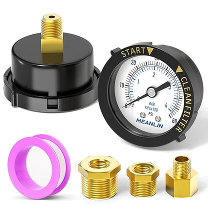 MEANLIN MEASURE 0~60Psi Plastic Frame 1/4" NPT Start and Clean Filter Pressure Gauge, Suitable for Swimming Pool, Spa, Aquarium (0-60Psi/0-4BAR/KIT, Center Back Mount)