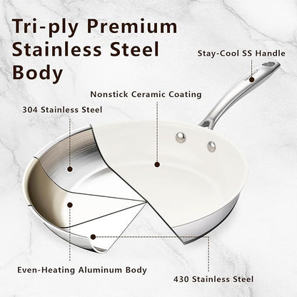 8" Tri-Ply Stainless Steel Frying Pan, Nonstick Ceramic Pan, Skillet with Stay-Cool Handle, Non Toxic, PFAS PFOA PTFE Free, Dishwasher & Oven Safe, Induction, Compatible with All Cooktops