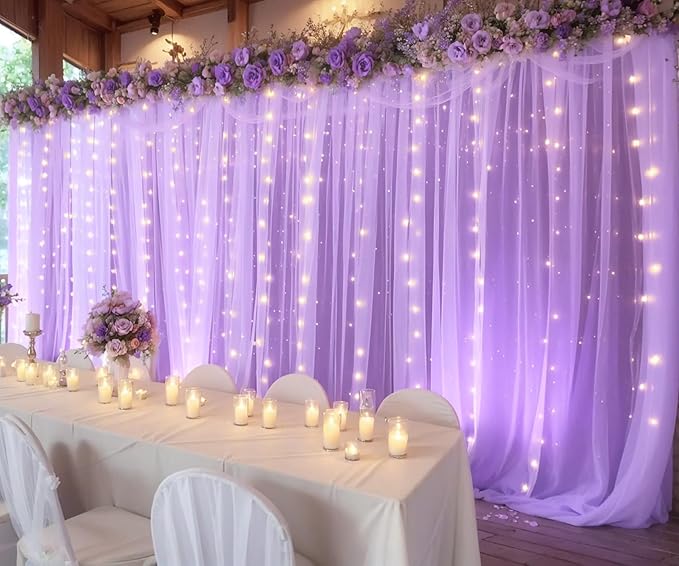 Lavender Tulle Photo Backdrop Curtain with Lights String for Parties Wedding Bridal Shower Sheer Lavender Curtain Backdrop for Birthday Party Baby Shower Photo Booth Photography 20ft x 10ft