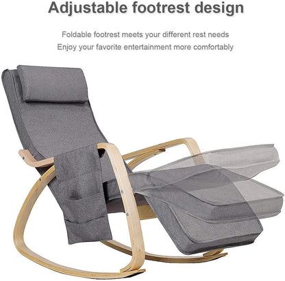 Relax Adjustable Lounge Rocking Chair with Pillow & Pocket Comfortable Armrest Backrest Adjustable Footrest