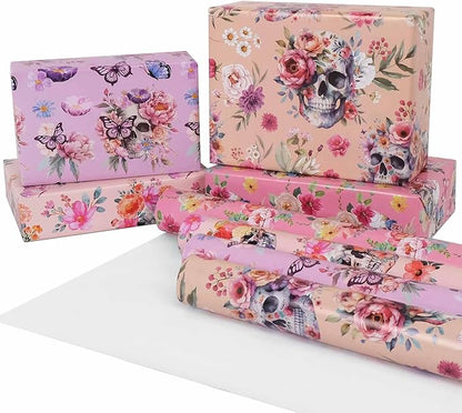 Aimyoo Gothic Wrapping Paper Rolls, 17 Inch X 10 Feet - 4 Rolls - Skull Floral Butterfly Design Gift Wrap Paper for Mother's Day, Birthday Bridal Shower