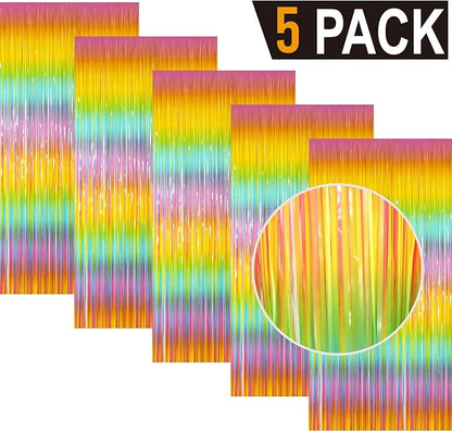 GOER 3.2 ft x 8.2 ft Metallic Tinsel Foil Fringe Curtains Party Photo Backdrop Party Streamers for Birthday,Graduation,New Year Eve Decorations Wedding Decor(5 Packs,Candy Macaroon Multicolor)