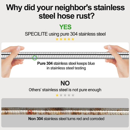SPECILITE 25ft 304 Stainless Steel Garden Hose Metal, Heavy Duty Water Pipe with Nozzles for Yard, Outdoor - Flexible, Never Kink & Tangle, Puncture Resistant (Sliver)