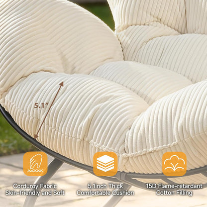 Oversized Outdoor Rocking Chair, Papasan Rocking Egg Chair with Thick Cushion, Metal Frame, Indoor Cozy Rocker for Patio, Balcony, Living Room, Beige