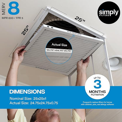 Simply 25x25x1 Air Filter, Merv 8, 4 Pack, For Home AC Furnace & HVAC (Actual Size: 24.75"x24.75"x0.75") DUST, Pet, & Allergy Control