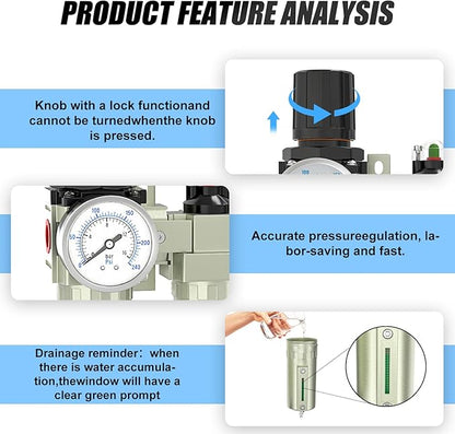 Heavy Duty Industrial Grade 3/4" NPT 3 Stage Air Drying System,Coalescing Filter, Particulate Filter, Desiccant Dryer and Air Regulator, Manual Drain, For Plasma Cutter and Paint Spray
