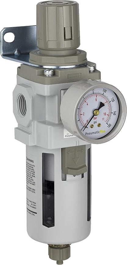 PneumaticPlus SAW400-N04BG Compressed Air Filter Regulator Piggyback Combo 1/2" NPT - Poly Bowl, Manual Drain, Bracket, Gauge