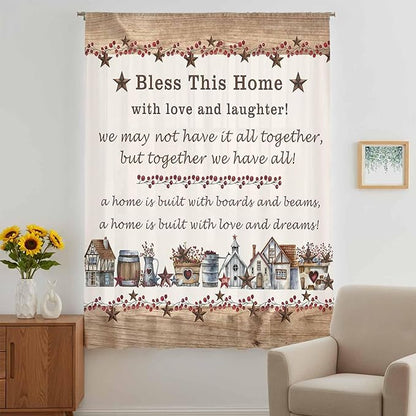 Farmhouse Sheer Curtains 54 Inch Length Country Star Barn Berry Brown Wood Plank Chiffon Curtain for Bedroom Living Room Light Filtering Rod Pocket Window Treatments Voile Curtains Drapes for Kitchen