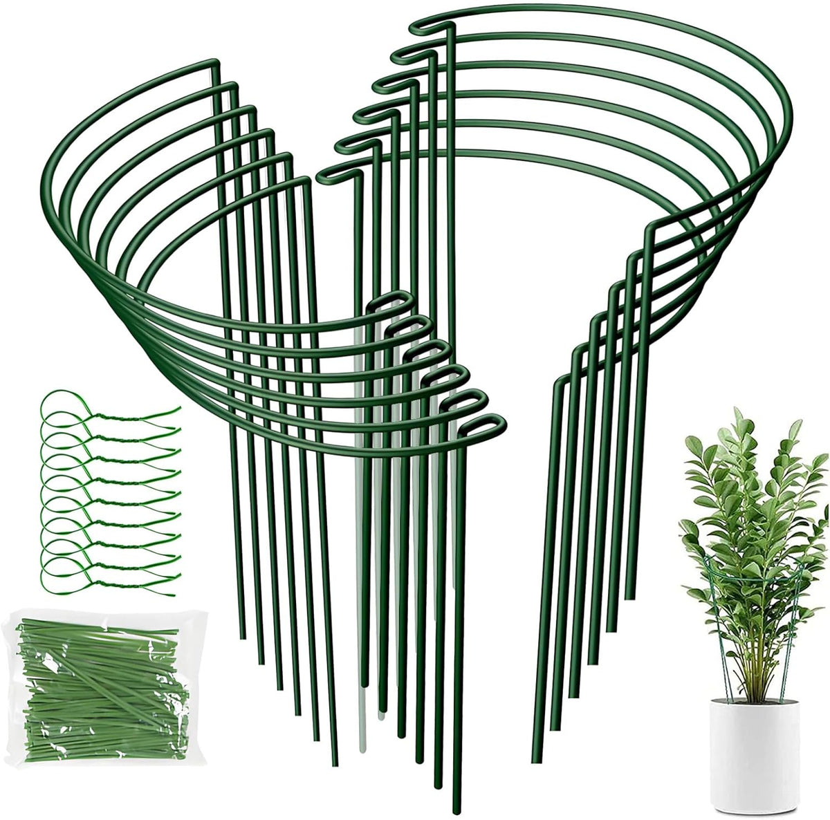 LINGHUI 12 Pack Plant Support Stakes, 10" Wide x 16" High,Heavy-Duty Half Round Peony Support Ring and Cage for Indoor and Outdoor Plants, Peony, Tomato, Hydrangea, Rose(100 Plant Ties)