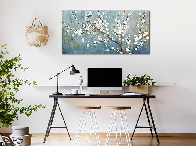 Elegant Flowers Canvas Wall Art - Plum Blossom Pictures for Wall Decor Rustic Turquoise Canvas Painting Nature Printing Artwork for Living Room Bedroom Home Office Wall Decoration 20" x 40"