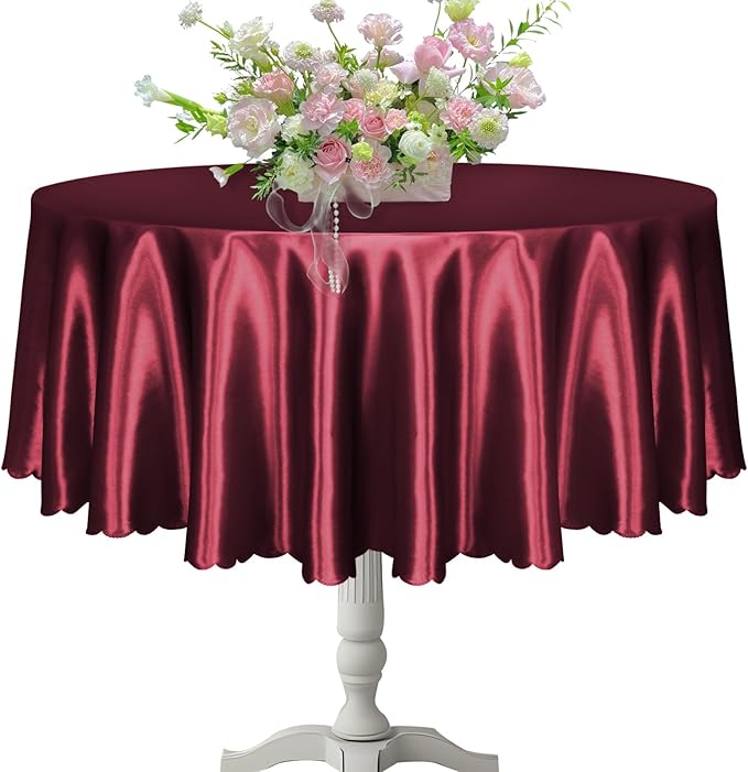 KKJIAF 1 Pack Round Table Cloths 90 Inch, Burgundy Overlay Round Satin Table Cover, Silky Satin Dining Tablecloths for Wedding Buffet Parties Banquet Decoration