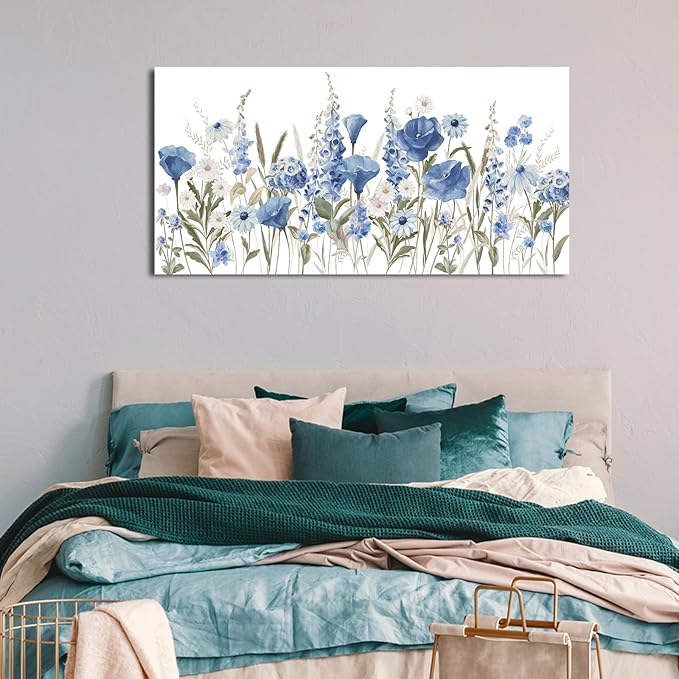 arteWOODS Elegant Flowers Wall Art - Blue White Botanical Pictures for Wall Decor Floral Blossom Canvas Painting Print Artwork for Living Room Bedroom Home Office Wall Decoration 24" x 48"